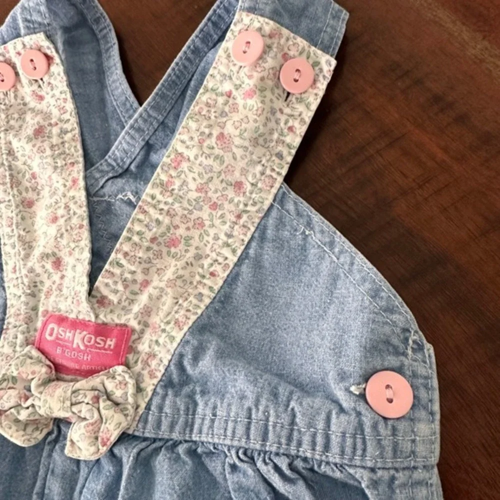 OshKosh B'gosh Overalls Girls 18M Blue Floral Vestbak Vintage Denim Bow Pink‎